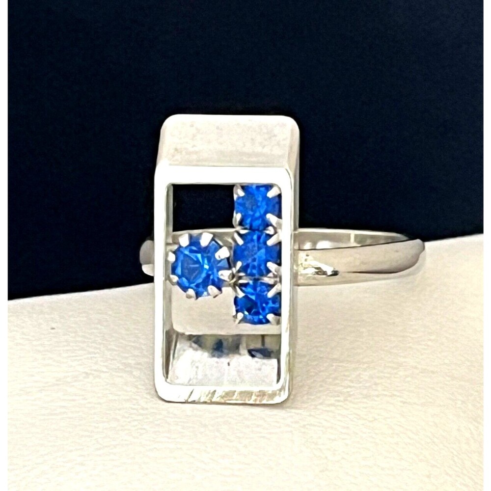 Vintage 1960s Cocktail Ring Mid Century Modern Blue Rhinestone Geometric - 4I